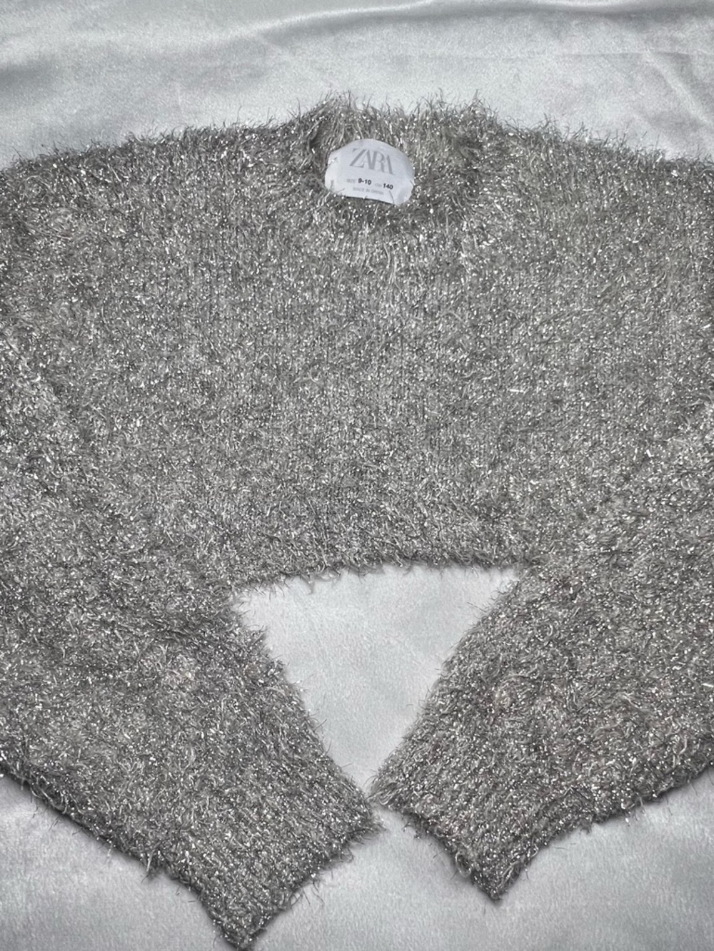Zara Silver Shimmery Fuzzy Cropped Sweater